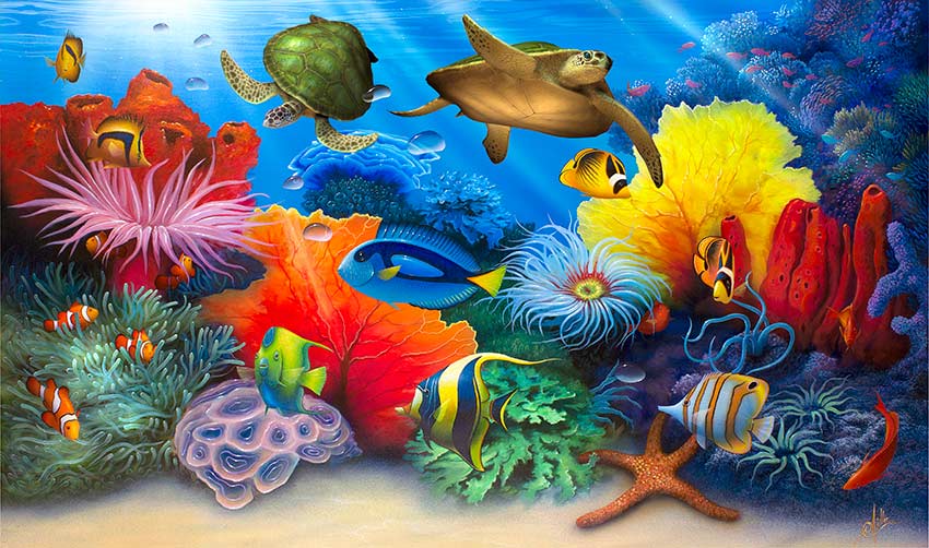 Turtles underwater painting